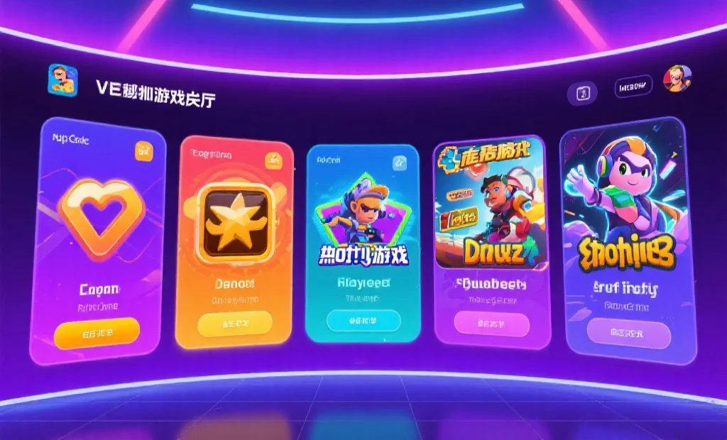 一个五彩斑斓的虚拟游戏大厅界面，展示了五款不同风格的热门游戏，每个游戏都有独特的图标和吸引人的界面元素